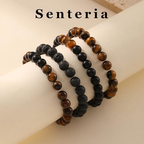 Senteria 4Pcs Mens Beaded Bracelets Elastic Tigers Eye Bracelet Set Natural Stone Black Crystal Beaded Bracelets for Men Women