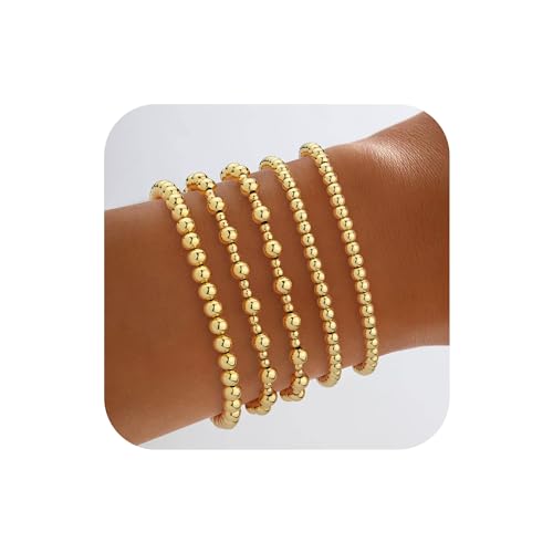 Howoo Gold Bracelets for Women 18K Stretch Beaded Bracelets Stackable Plated Bead Ball Bracelet for Women Trendy Gift