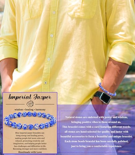 BOMAIL 9PCS Natural Crystal Bracelets for Women Men - 8mm Semi-Precious Gemstone Beaded Bracelets, Round Gemstones Stretch Bracelet, Yoga Bracelets Jewelry Gifts
