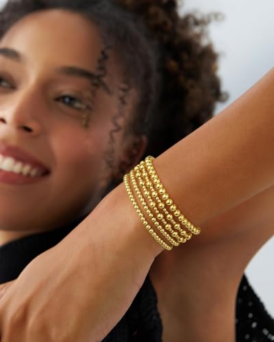 Howoo Gold Bracelets for Women 18K Stretch Beaded Bracelets Stackable Plated Bead Ball Bracelet for Women Trendy Gift