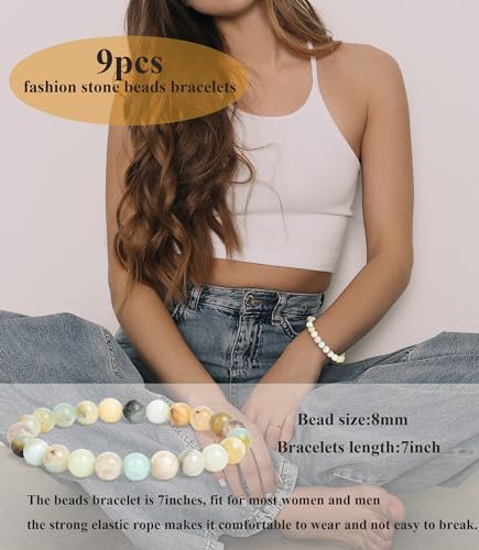 BOMAIL 9PCS Natural Crystal Bracelets for Women Men - 8mm Semi-Precious Gemstone Beaded Bracelets, Round Gemstones Stretch Bracelet, Yoga Bracelets Jewelry Gifts