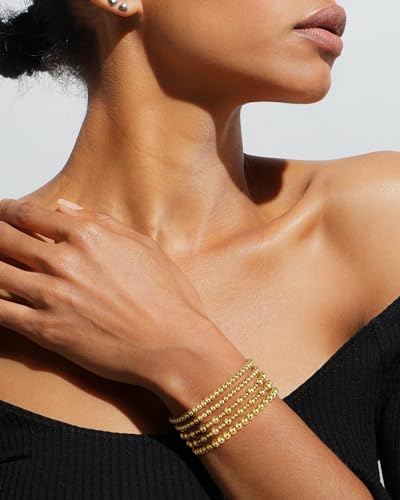 Howoo Gold Bracelets for Women 18K Stretch Beaded Bracelets Stackable Plated Bead Ball Bracelet for Women Trendy Gift