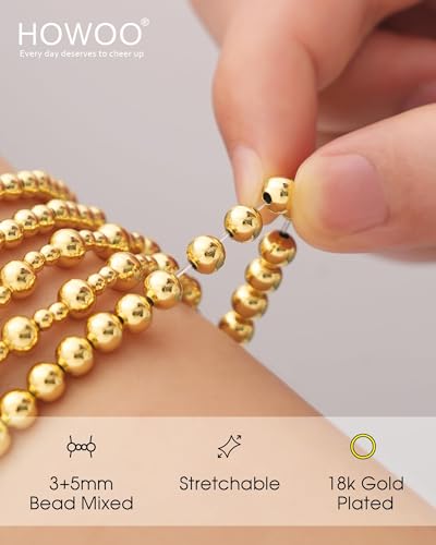 Howoo Gold Bracelets for Women 18K Stretch Beaded Bracelets Stackable Plated Bead Ball Bracelet for Women Trendy Gift