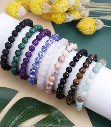 BOMAIL 9PCS Natural Crystal Bracelets for Women Men - 8mm Semi-Precious Gemstone Beaded Bracelets, Round Gemstones Stretch Bracelet, Yoga Bracelets Jewelry Gifts