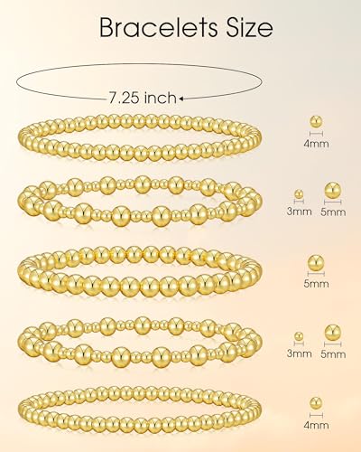 Howoo Gold Bracelets for Women 18K Stretch Beaded Bracelets Stackable Plated Bead Ball Bracelet for Women Trendy Gift