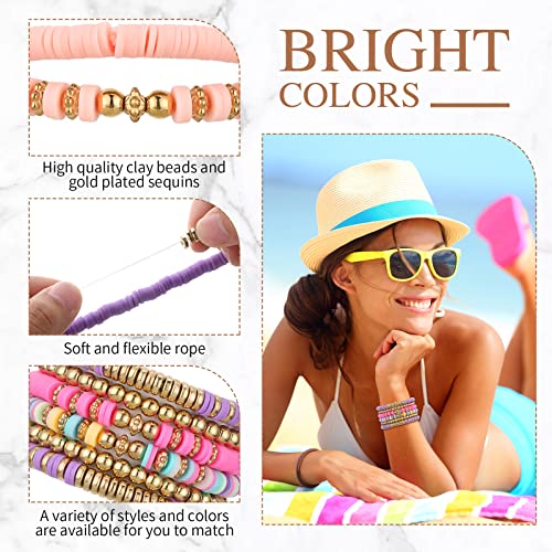 40 Pcs 6 Set Surfer Heishi Bracelets Colorful Preppy Bracelets Clay Beads Handmade Beaded Bracelets Elastic Boho Jewelry Beach Friendship Stretch Bracelet Set for Girls Women Teen