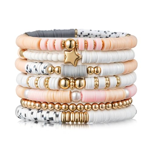 Y1tvei 7Pcs Graduation Pink Surfer Heishi Clay Bead Bracelet Set Boho Stackable Gray White Polymer Clay Beaded Layering Stretch Bracelet Gold Jewelry Summer Beach Friendship Bracelet for Women