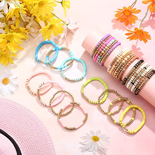 40 Pcs 6 Set Surfer Heishi Bracelets Colorful Preppy Bracelets Clay Beads Handmade Beaded Bracelets Elastic Boho Jewelry Beach Friendship Stretch Bracelet Set for Girls Women Teen