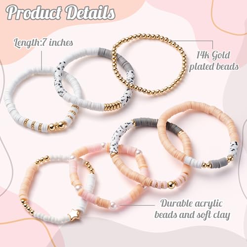 Y1tvei 7Pcs Graduation Pink Surfer Heishi Clay Bead Bracelet Set Boho Stackable Gray White Polymer Clay Beaded Layering Stretch Bracelet Gold Jewelry Summer Beach Friendship Bracelet for Women