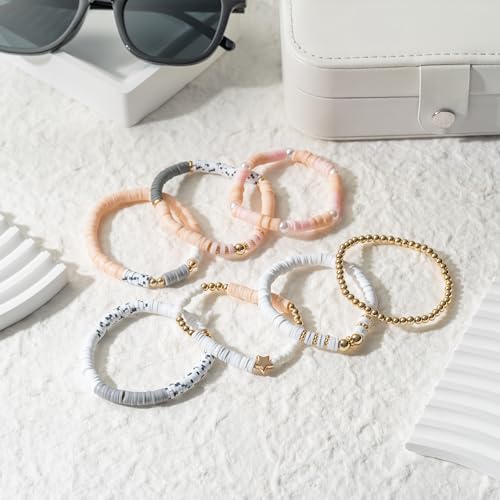 Y1tvei 7Pcs Graduation Pink Surfer Heishi Clay Bead Bracelet Set Boho Stackable Gray White Polymer Clay Beaded Layering Stretch Bracelet Gold Jewelry Summer Beach Friendship Bracelet for Women