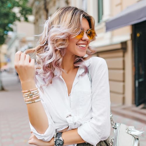 Y1tvei 7Pcs Graduation Pink Surfer Heishi Clay Bead Bracelet Set Boho Stackable Gray White Polymer Clay Beaded Layering Stretch Bracelet Gold Jewelry Summer Beach Friendship Bracelet for Women