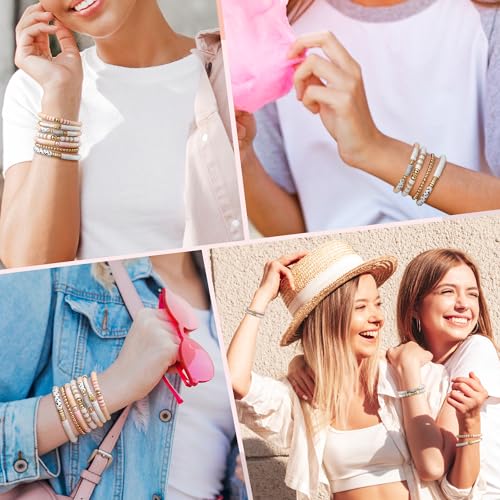 Y1tvei 7Pcs Graduation Pink Surfer Heishi Clay Bead Bracelet Set Boho Stackable Gray White Polymer Clay Beaded Layering Stretch Bracelet Gold Jewelry Summer Beach Friendship Bracelet for Women