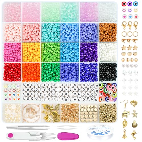 Gionlion 4200 Pcs 4mm Glass Seed Beads for Jewelry Making,24 Colors Seed Beads Friendship Preppy Bracelet Making Kit with Letter Beads Charms Kit and Elastic Strings