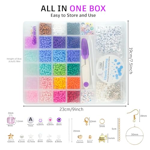 Gionlion 4200 Pcs 4mm Glass Seed Beads for Jewelry Making,24 Colors Seed Beads Friendship Preppy Bracelet Making Kit with Letter Beads Charms Kit and Elastic Strings