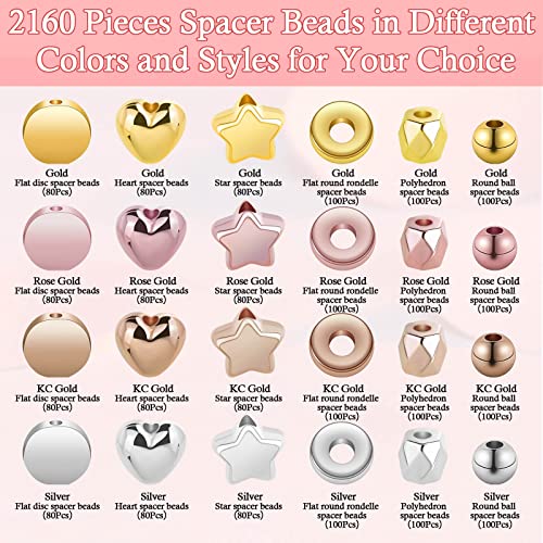 2160 Pieces Gold Spacer Beads Set, Assorted Round Star Gold Beads for Bracelet Jewelry Making(Gold, Sliver, Rose Gold, KC Gold)