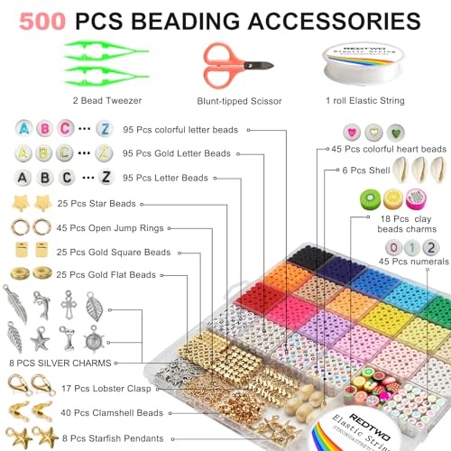 Redtwo 5100 Clay Beads Bracelet Making Kit, Flat Preppy Beads for Friendship Jewelry Making,Polymer Heishi Beads with Charms Gifts for Teen Girls Crafts for Girls Ages 8-12