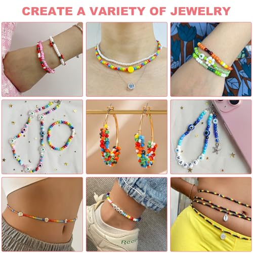 Redtwo 3400pcs 4mm Glass Seed Beads for Jewelry Bracelet Making Kit, Small Beads Friendship Bracelet Kit, Tiny Waist Beads Kit with Letter Beads and Elastic String, DIY Art Craft Girls Gifts.