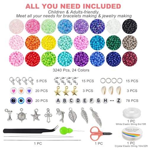 Redtwo 3400pcs 4mm Glass Seed Beads for Jewelry Bracelet Making Kit, Small Beads Friendship Bracelet Kit, Tiny Waist Beads Kit with Letter Beads and Elastic String, DIY Art Craft Girls Gifts.