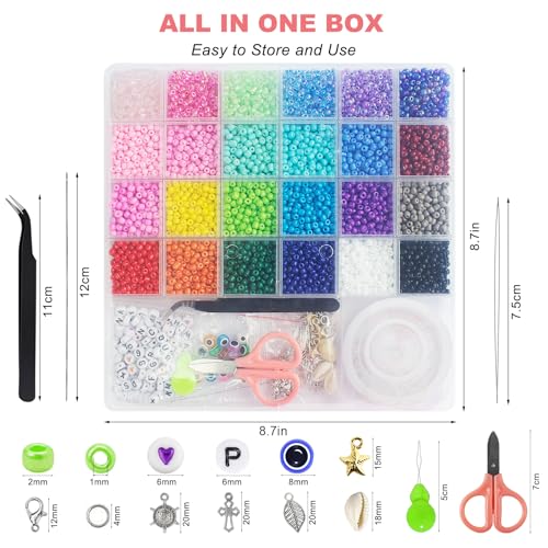 Redtwo 3400pcs 4mm Glass Seed Beads for Jewelry Bracelet Making Kit, Small Beads Friendship Bracelet Kit, Tiny Waist Beads Kit with Letter Beads and Elastic String, DIY Art Craft Girls Gifts.