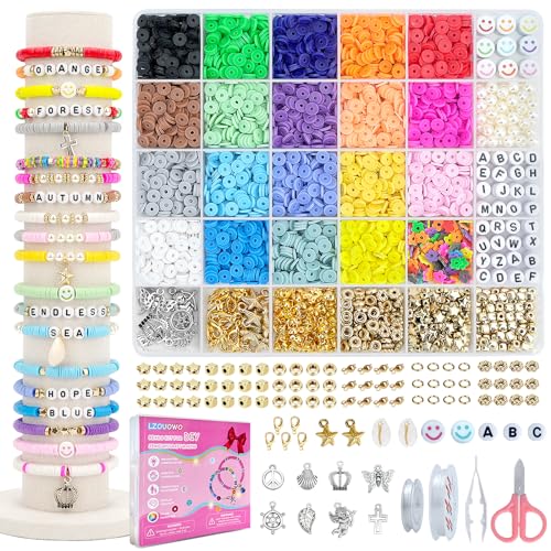 LZOUOWO 5300 Clay Beads Bracelet Making Aesthetic Kit, Polymer Heishi Preppy Letter Beads for Friendship Bracelet, Pearl Disc Beads Charms for Jewelry Making, DIY Creative Gift for Girls 8-12 Teens