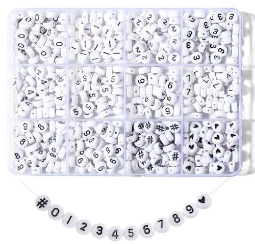 Hudinsun 500Pcs 0-9 Acrylic Number Beads in 12 Grid Box Round Beads for Bracelets Neckless Friendship Jewelry DIY Making (4x7mm Box, White)
