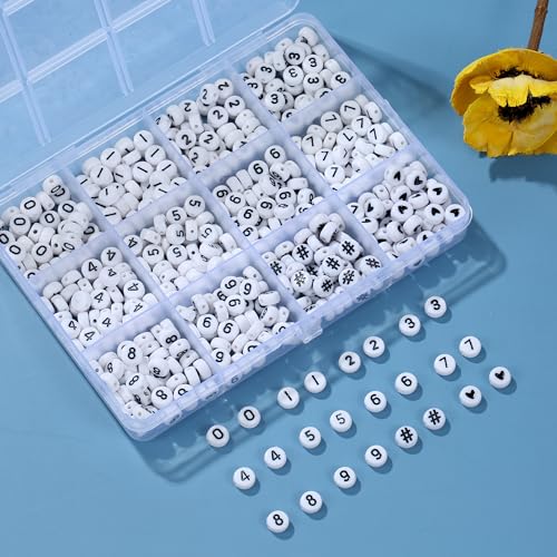 Hudinsun 500Pcs 0-9 Acrylic Number Beads in 12 Grid Box Round Beads for Bracelets Neckless Friendship Jewelry DIY Making (4x7mm Box, White)