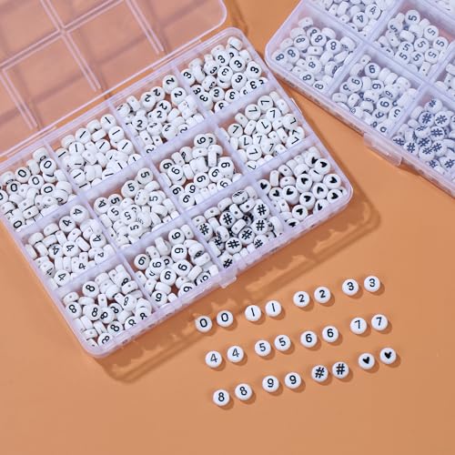 Hudinsun 500Pcs 0-9 Acrylic Number Beads in 12 Grid Box Round Beads for Bracelets Neckless Friendship Jewelry DIY Making (4x7mm Box, White)