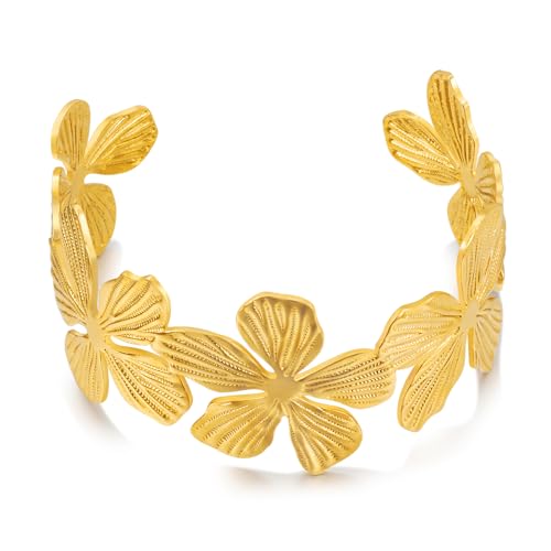 WOWORAMA Gold Flower Cuff Bracelet for Women Boho Vintage Floral Flower Bracelets Wide Chunky Cuff Bracelets Matte Gold Statement Cuff Bangles