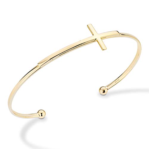 Miabella 925 Sterling Silver Italian Adjustable Sideways Cross Bracelet for Women 7.25-7.5 Inch 18K Gold Plated or Silver Cuff Bangle Bracelet Made in Italy (yellow-gold-plated-silver)