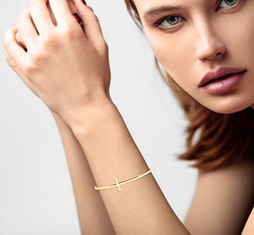 Miabella 925 Sterling Silver Italian Adjustable Sideways Cross Bracelet for Women 7.25-7.5 Inch 18K Gold Plated or Silver Cuff Bangle Bracelet Made in Italy (yellow-gold-plated-silver)
