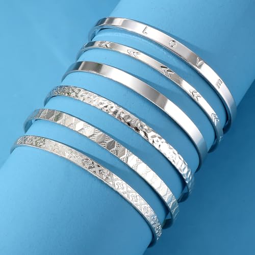 KISS WIFE Gold Cuff Bracelets Set for Women Girls, Layered Stackable Open Adjustable Bangle Bracelets, Trendy Jewelry Gift for Her (Silver-2)