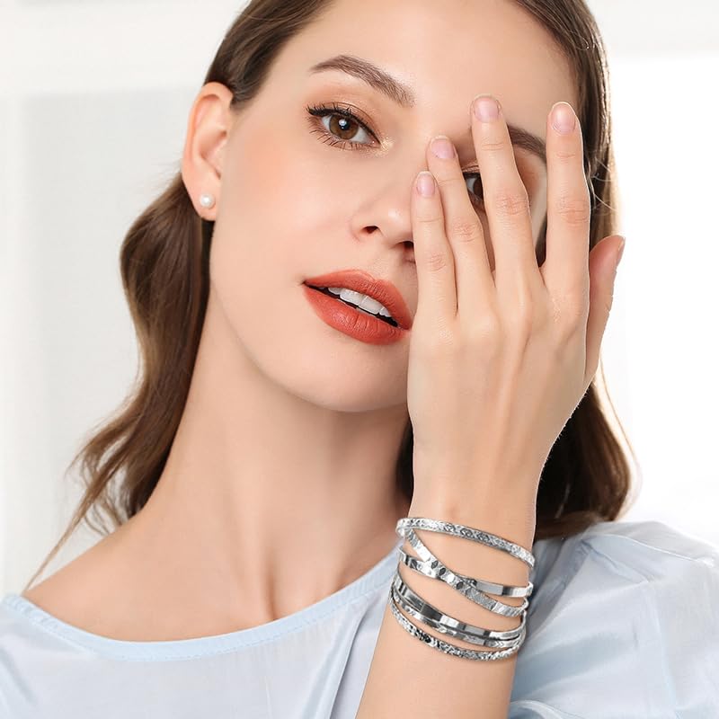 KISS WIFE Gold Cuff Bracelets Set for Women Girls, Layered Stackable Open Adjustable Bangle Bracelets, Trendy Jewelry Gift for Her (Silver-2)