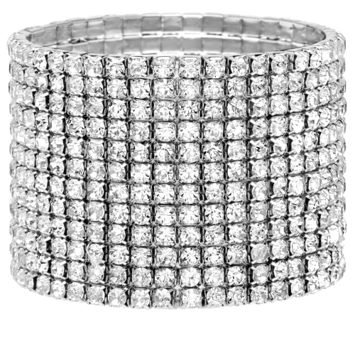 Badgley Mischka Women's Bracelet - 12 Strand Wide Crystal Studded Bridal Statement Stretch Wristband Cuff Wrap, White
