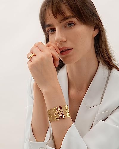 WOWORAMA Hammered Gold Cuff Bracelet for Women Wide Chunky Open Cuff Bangles Vintage Statement Gold Bracelet Adjustable Thick Wrist Cuff Bracelets