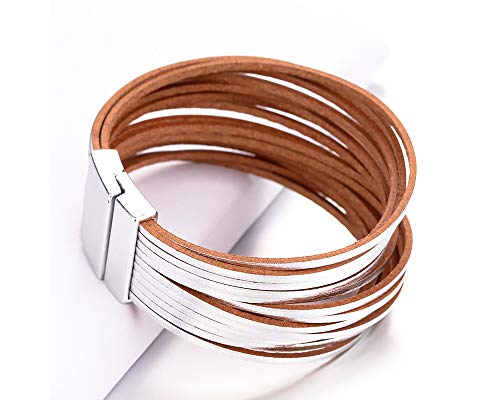 Fesciory Leather Wrap Bracelets for Women, Boho Leopard Multi-Layer Crystal Beads Cuff Bracelet Jewelry