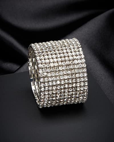 Badgley Mischka Women's Bracelet - 12 Strand Wide Crystal Studded Bridal Statement Stretch Wristband Cuff Wrap, White