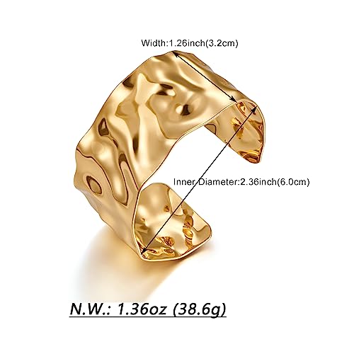 WOWORAMA Hammered Gold Cuff Bracelet for Women Wide Chunky Open Cuff Bangles Vintage Statement Gold Bracelet Adjustable Thick Wrist Cuff Bracelets