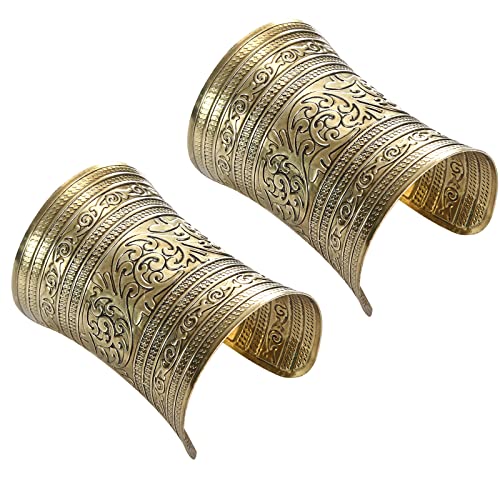 SONNYX 2 PCS Cuff Bracelets for Women Vintage Ethnic Wide Open Chunky Gold Silver Wrist Cuff Warp Bracelets for Cosplay or Belly Dance(WG)
