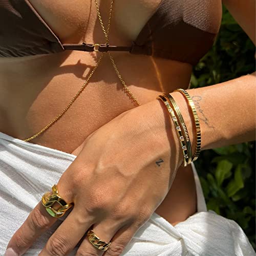 PEARLADA 18k Gold Open Bangle Bracelet, Square Cuff Bracelet Adjustable, Stackable Bracelets for Women Trendy