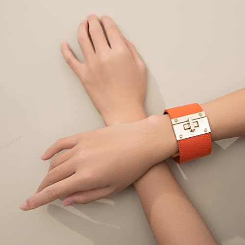 Rantanto Braid Leather Wrap Bracelet Trendy Stackable Crystal Cuff Boho Gold Heart Bracelet Jewelry Gift For Women Teenager Girls, Wide Orange
