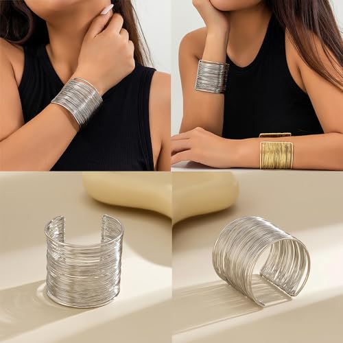 3PCS Chunky Gold Cuff Bracelets for Women Gold Statement Bangle Bracelets Set Arm Cuff Upper Arm Punk Jewelry (Silver, 8)