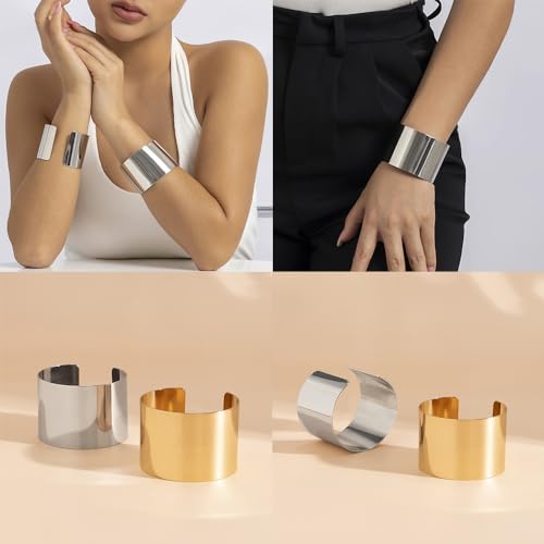 3PCS Chunky Gold Cuff Bracelets for Women Gold Statement Bangle Bracelets Set Arm Cuff Upper Arm Punk Jewelry (Silver, 8)