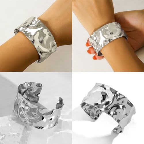 3PCS Chunky Gold Cuff Bracelets for Women Gold Statement Bangle Bracelets Set Arm Cuff Upper Arm Punk Jewelry (Silver, 8)