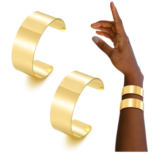 BOMAIL 2PCS Cuff Bangle Bracelets for Women - 14k Gold Plated Adjustable Open Statement Wide Bangles Gold Sliver Wrist Cuff Wrap Bracelets Jewelry Gift
