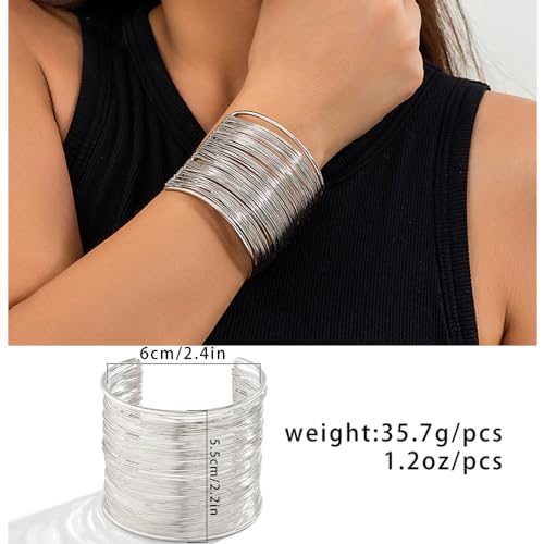 3PCS Chunky Gold Cuff Bracelets for Women Gold Statement Bangle Bracelets Set Arm Cuff Upper Arm Punk Jewelry (Silver, 8)