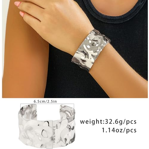 3PCS Chunky Gold Cuff Bracelets for Women Gold Statement Bangle Bracelets Set Arm Cuff Upper Arm Punk Jewelry (Silver, 8)