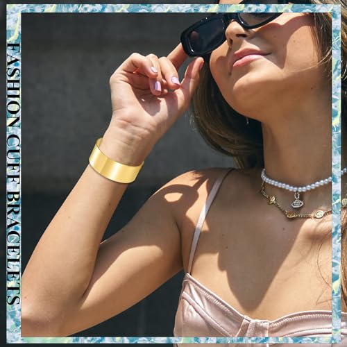 BOMAIL 2PCS Cuff Bangle Bracelets for Women - 14k Gold Plated Adjustable Open Statement Wide Bangles Gold Sliver Wrist Cuff Wrap Bracelets Jewelry Gift