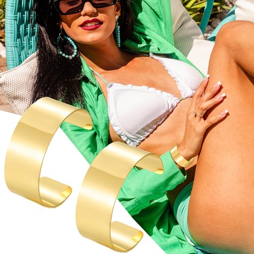 BOMAIL 2PCS Cuff Bangle Bracelets for Women - 14k Gold Plated Adjustable Open Statement Wide Bangles Gold Sliver Wrist Cuff Wrap Bracelets Jewelry Gift