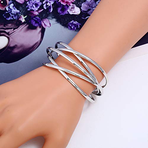 FUTIMELY Silver Cuff Bracelet for Women Girls,Multi-layer Cross Wire Bangle Bracelet Open Adjustable Wide Cuff Bracelet