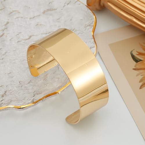 BOMAIL 2PCS Cuff Bangle Bracelets for Women - 14k Gold Plated Adjustable Open Statement Wide Bangles Gold Sliver Wrist Cuff Wrap Bracelets Jewelry Gift